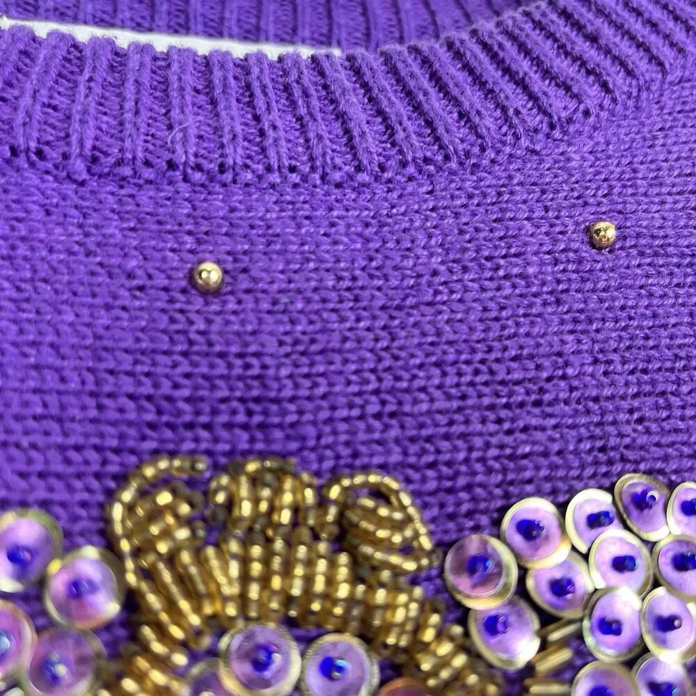 Vintage Dana Scott Amethyst Beaded Sweater Floral Knit Women S - Picture 14 of 16